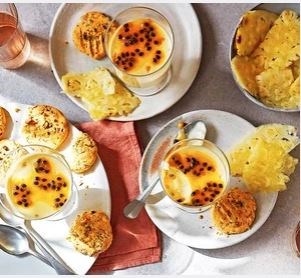 Passion fruit posset with pistachio-custard biscuits & fresh pineapple