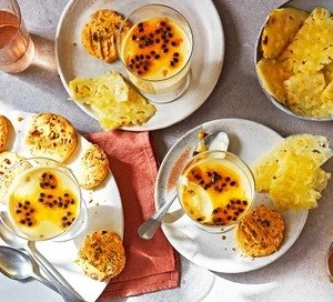 Passion fruit posset with pistachio-custard biscuits & fresh pineapple