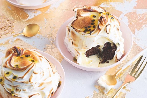 Passionfruit & dark chocolate bombe Alaskas