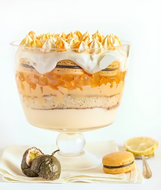 Passionfruit & lemon trifle with macarons