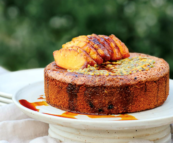 Passionfruit and almond cake with honey-roasted pineapple