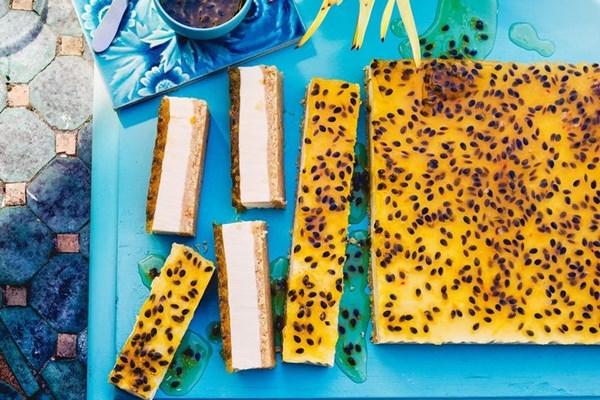 Passionfruit, bay & labneh slice