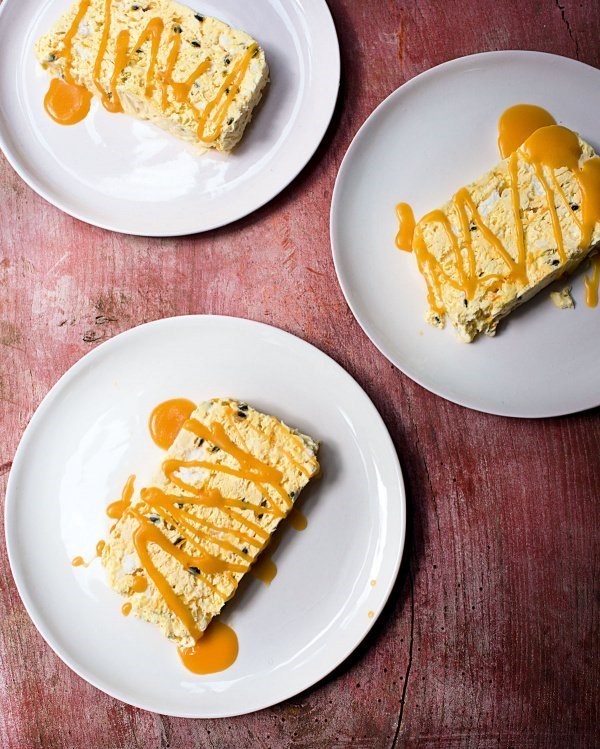 Passionfruit ice-cream cake with coconut-caramel sauce