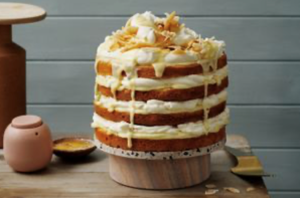 Passionfruit layer cake with lemon drizzle and coconut