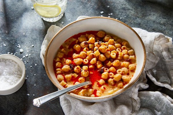 Pasta & chickpea soup with miso & chile oil