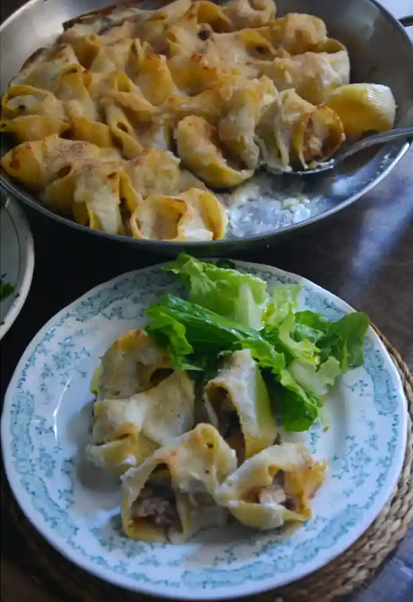 Pasta al forno with sausage, aubergine and Bechamel