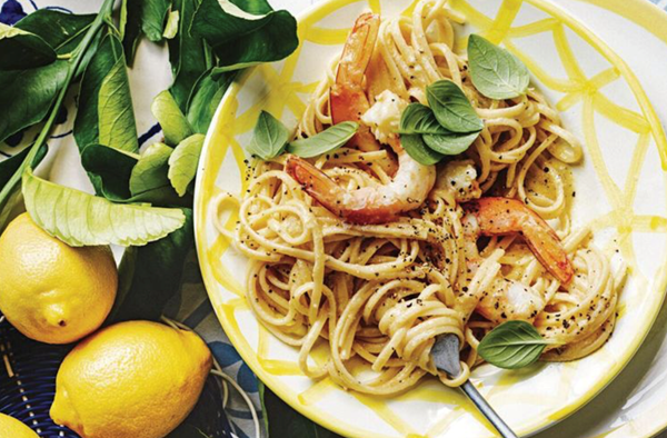 Pasta al limone with prawns and basil