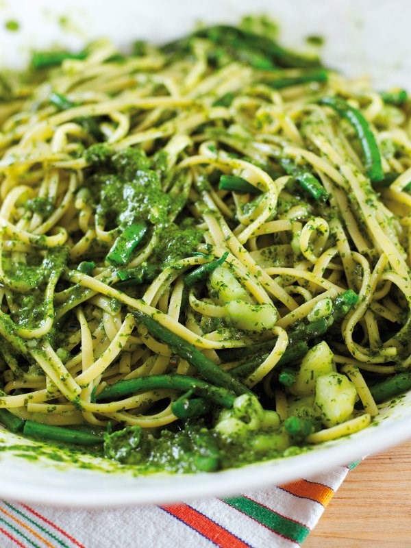 Pasta alla Genovese with green beans and pesto