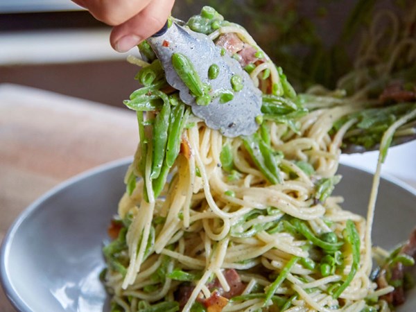 Pasta alla Gricia with slivered sugar snap peas