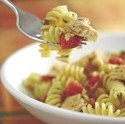 Pasta and red pepper tuna sauce with anchovies, garlic, and basil