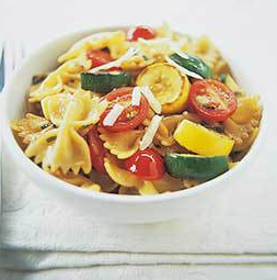 Pasta and summer squash with tomatoes, olives, and feta