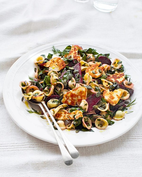 Pasta, beetroot and chard salad with halloumi
