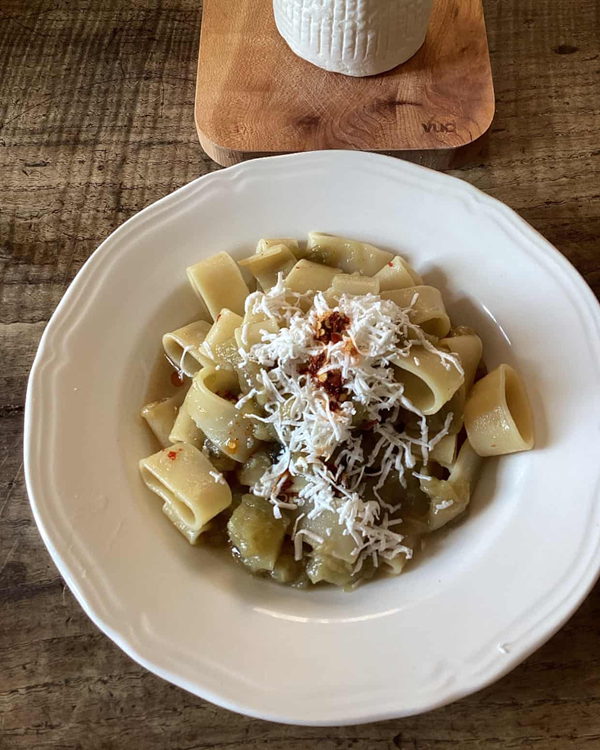 Pasta or gnocchi with aubergine, chilli and salted ricotta