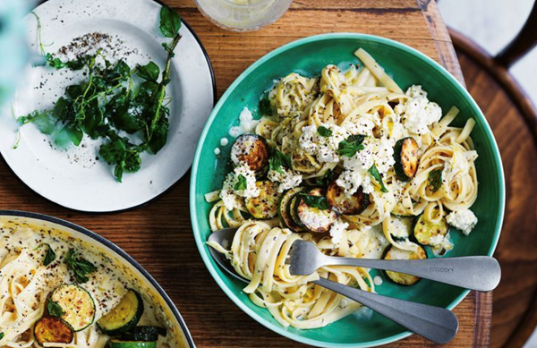 Pasta primavera, leeks, zucchini and ricotta