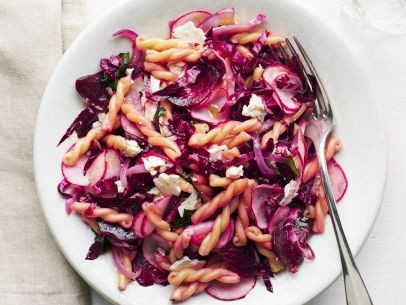 Pasta primavera with beets, radishes and radicchio