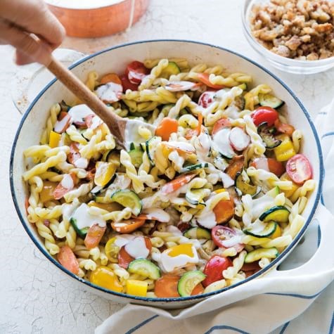 Pasta primavera with buttery bread crumbs