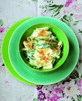 Pasta rags with French beans in lemon cream sauce with poor man's Parmesan
