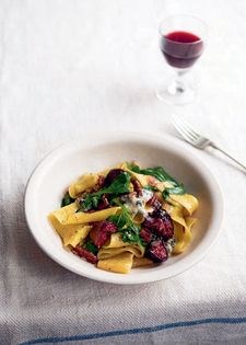 Pasta ribbons with sticky red wine figs, Dolcelatte and pecans
