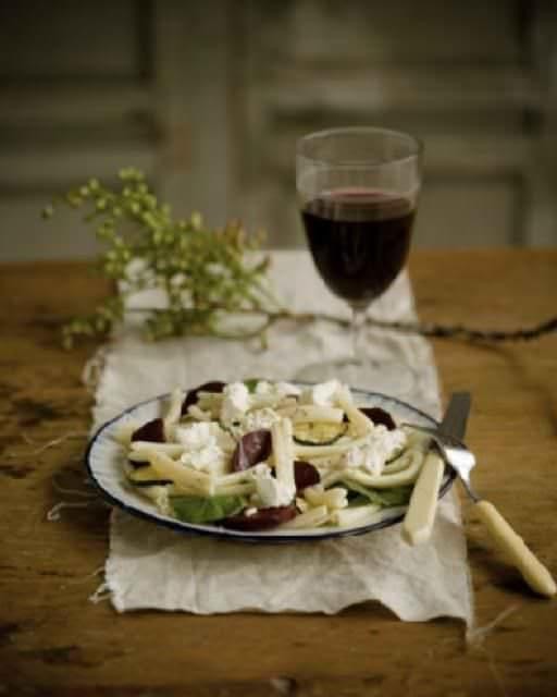 Pasta salad with beets, chèvre, & honey vinaigrette