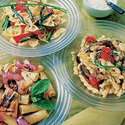 Pasta salad with eggplant, tomatoes, and basil
