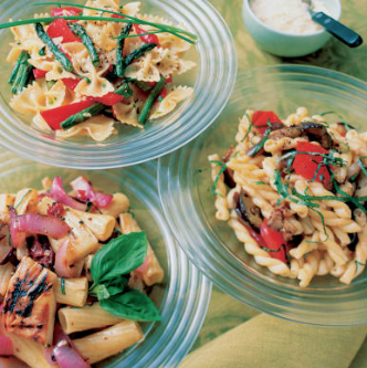 Pasta salad with eggplant, tomatoes, and basil