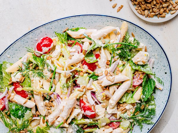 Pasta salad with feta and herbs