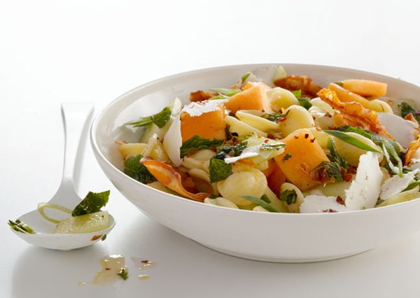 Pasta salad with melon, pancetta, and ricotta salata