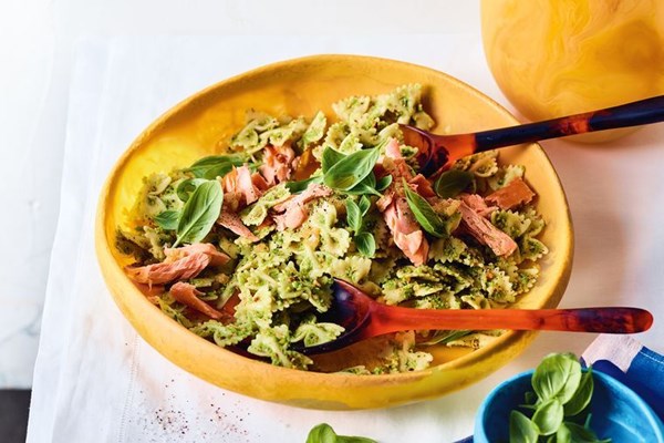 Pasta salad with pea pesto and hot-smoked salmon
