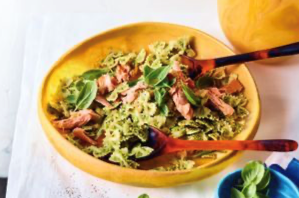 Pasta salad with pea pesto and hot-smoked salmon