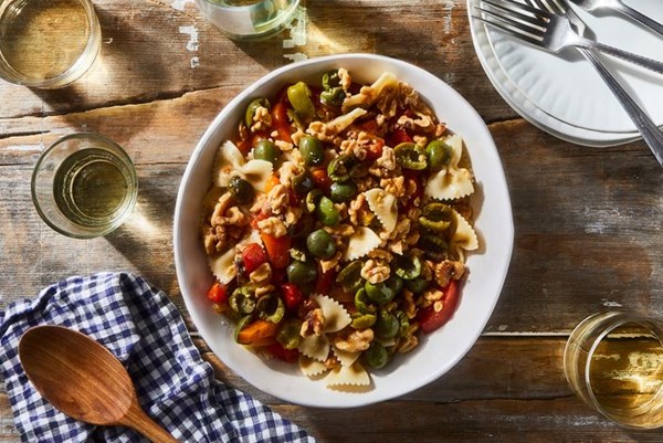 Pasta salad with roasted peppers, green olives, walnuts & anchovies 