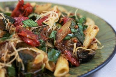 Pasta salad with slow roasted tomatoes, grilled zucchini, and basil