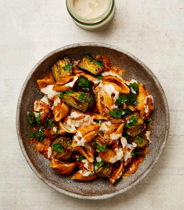 Pasta shells with burnt aubergine and tahini