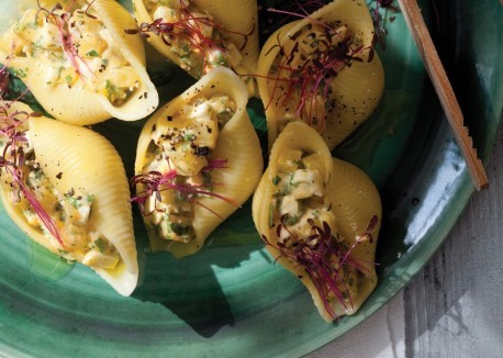 Pasta shells with egg, beet, and arugula salad