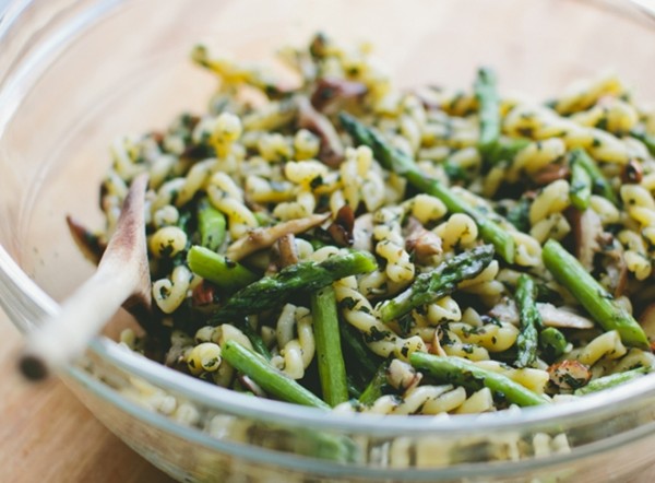 Pasta tossed with mint pesto, asparagus, and shiitake mushrooms