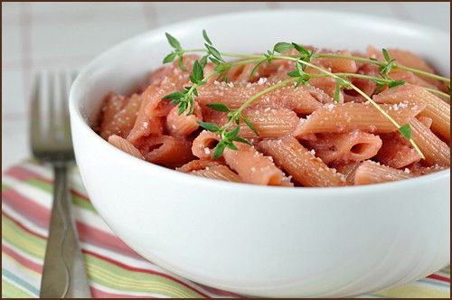 Pasta with a beet, thyme, and cream sauce
