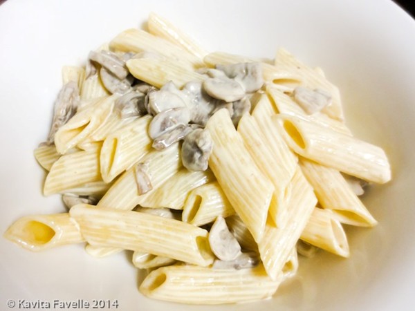 Pasta with a mushroom, cream and Maille blue cheese mustard sauce