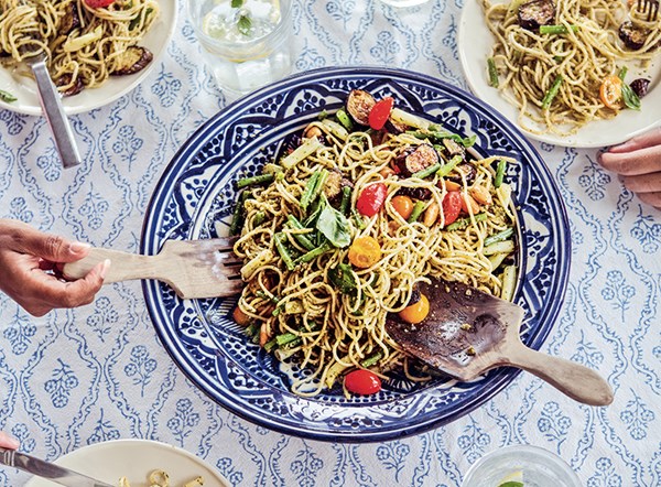 Pasta with almond pesto, green beans, eggplant, and cherry tomatoes