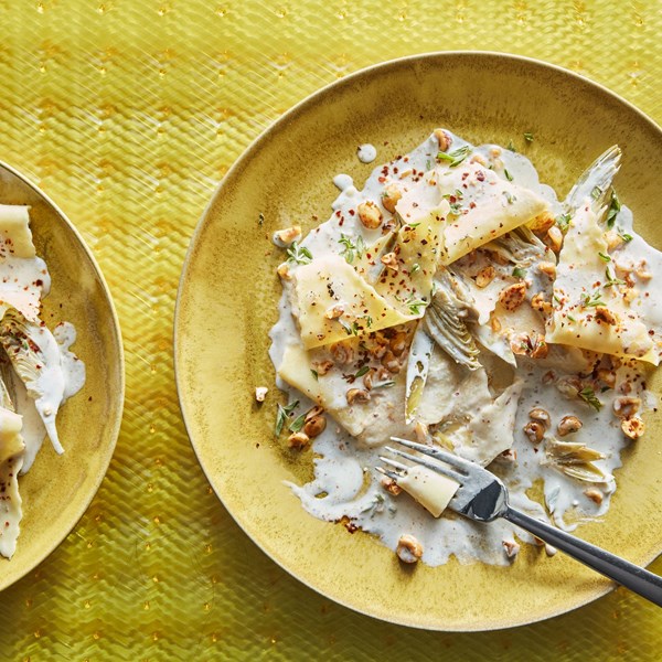 Pasta with baby artichokes, mascarpone, and hazelnuts