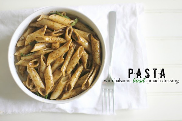 Pasta with balsamic-basil-spinach dressing