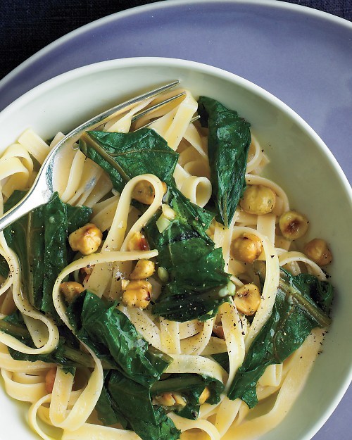 Pasta with beet greens, blue cheese, and hazelnuts