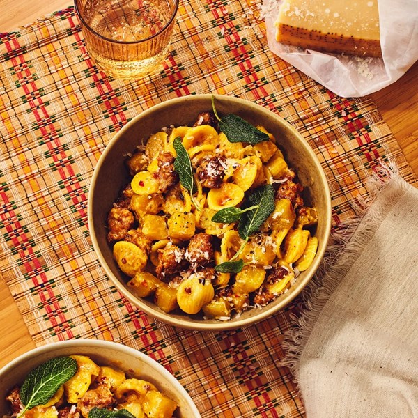 Pasta with beets, sausage, and fried sage