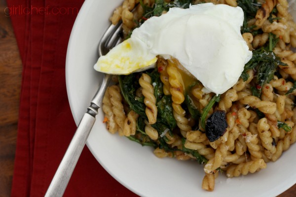 Pasta with black garlic, kale, and a poached egg