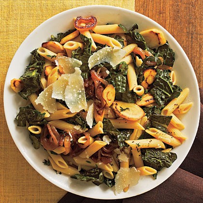 Pasta with black kale, caramelized onions, and parsnips
