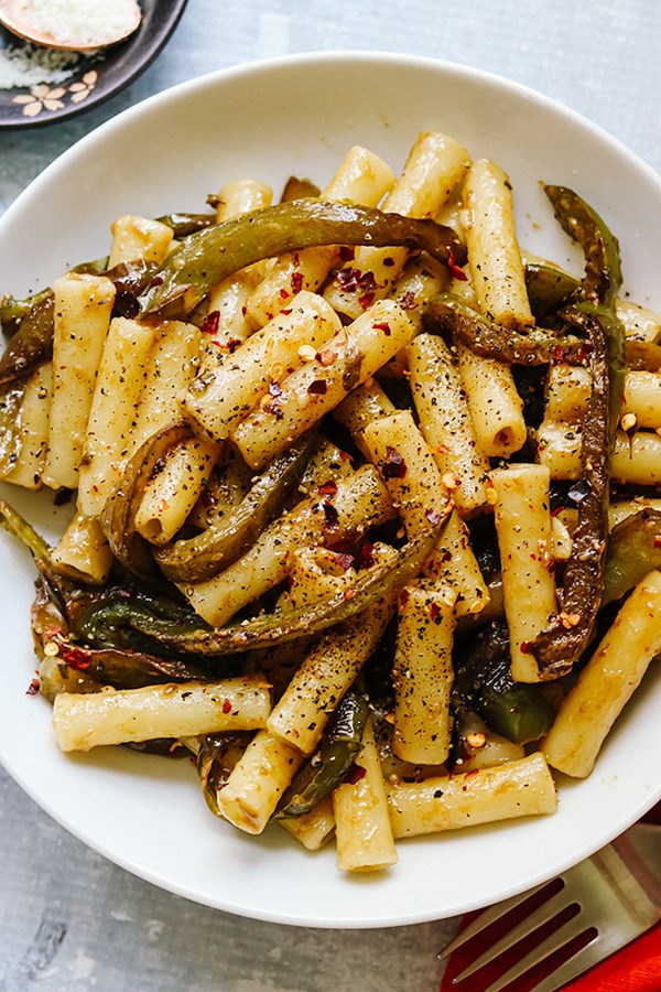 Pasta with blistered green peppers