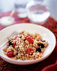 Pasta with borlotti beans, olives and cherry tomatoes