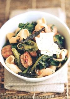 Pasta with broccoli, spicy sausage, Parmesan and fried sage