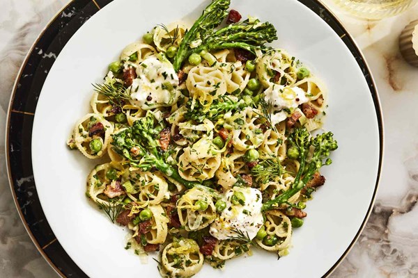 Pasta with broccolini, peas, and pancetta