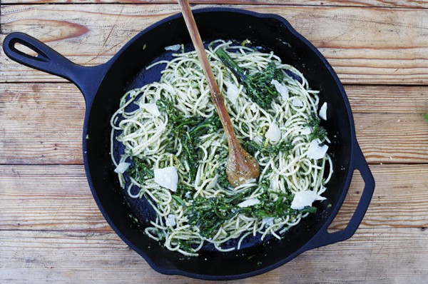 Pasta with broccolini pesto and crème fraîche