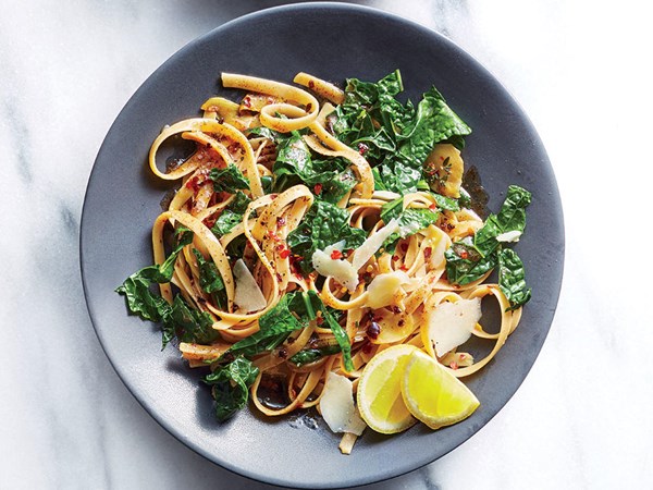 Pasta with browned butter, anchovy, and kale