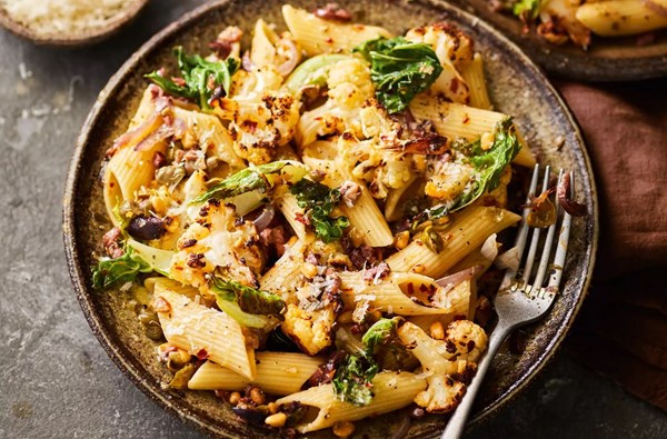 Pasta with caramelised cauliflower, anchovy & toasted pine nuts